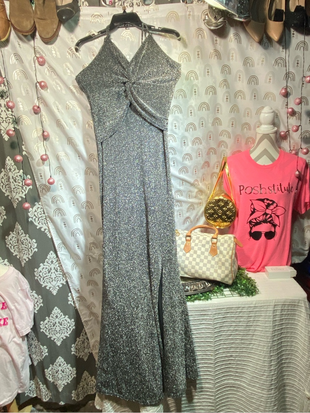 Silver Sparkle Halter Evening Gown - Women's